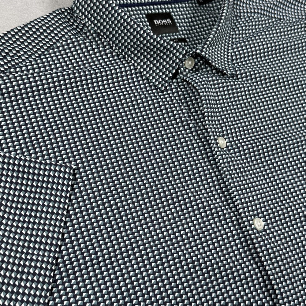Hugo Boss Sharp Fit Short Sleeve Button Up Shirt Geometric Diamond Navy Teal XL